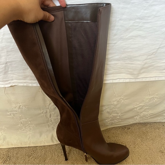 New Nine West Quizme Knee High Platform Heel Suede Brown Leather Boots Sz 9 WC - Picture 9 of 16